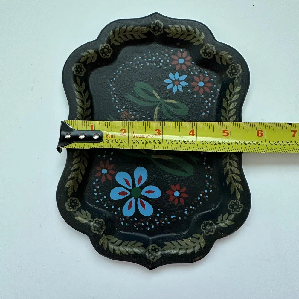 Vintage Set of 6 Mini Trays Toleware Floral  Black Red Rose Shabby Cottage Folk